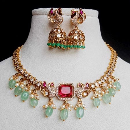 Handmade Brass Metal Jewellery Pink Peacock Necklace Set
